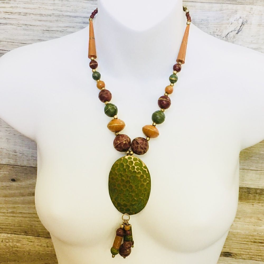 Boho Tribal Boho Mixed Metal Wood Necklace 4449